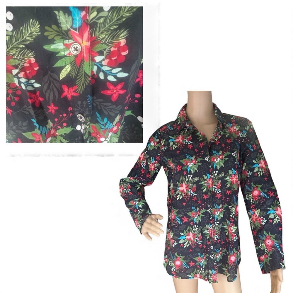 NorthStyle Floral Holiday Button Down Shirt Black Cotton Long Sleeve Small